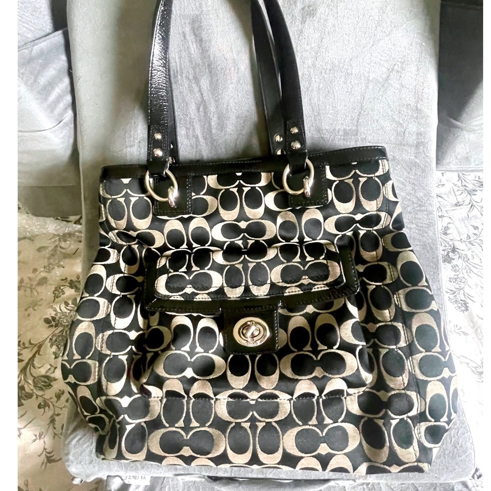 Coach Penelope Carryall Bag Black Monogram Canvas Tote F19262 - Picture 2 of 6